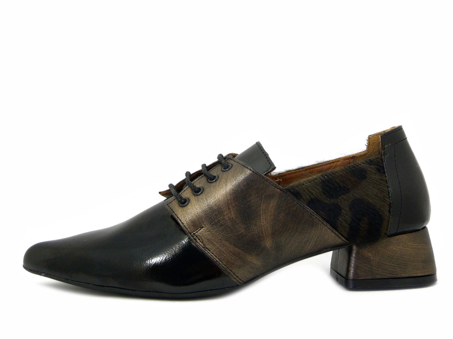 Francesine Derby Donna in Pelle Lucida Nero e Bronzo e Cavallino Animalier, Tacco Basso - D17