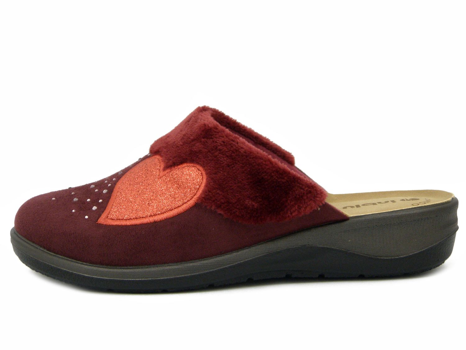 Pantofole Donna in Tessuto Rosso con Cuore, Zeppa Bassa, Inblu - OD11