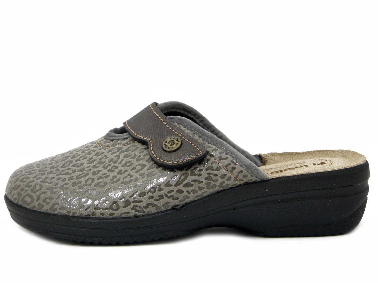 Pantofole Donna in Tessuto Grigio Animalier con Strap, Sottopiede Vera Pelle, Zeppa Bassa, Inblu - LV13