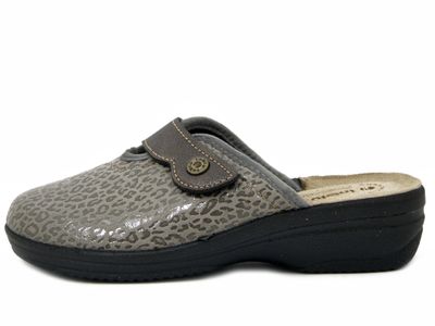 Pantofole Donna in Tessuto Grigio Animalier con Strap, Sottopiede Vera Pelle, Zeppa Bassa, Inblu - LV13