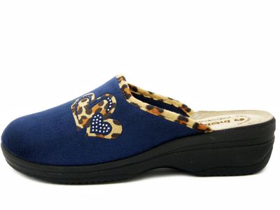 Pantofole Donna in Tessuto Blu con Cuore Animalier, Sottopiede Vera Pelle, Zeppa Bassa 4 cm, INBLU - LV08