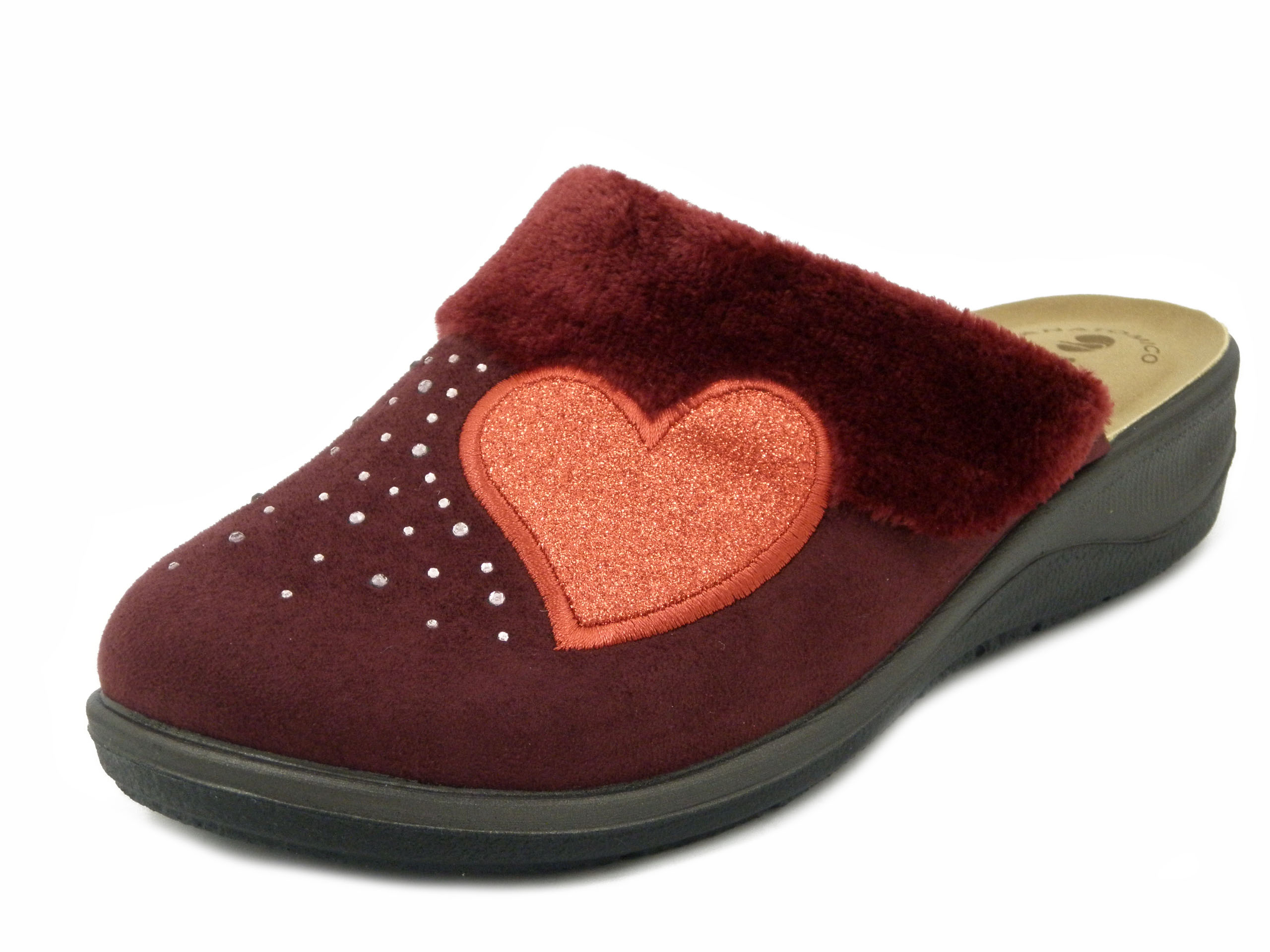Pantofole Donna in Tessuto Rosso con Cuore, Zeppa Bassa, Inblu - OD11