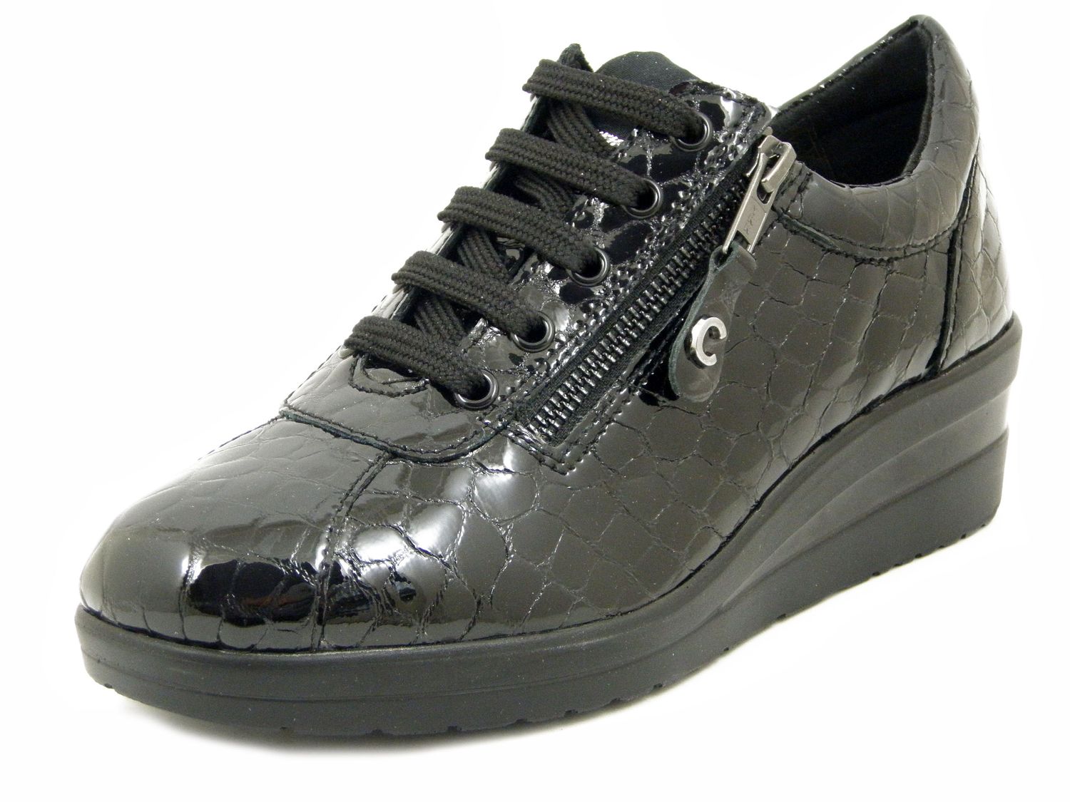 Sneakers Donna con cerniera in Pelle Lucida Nero, Zeppa Bassa 4 cm, Plantare Estraibile, CINZIA SOFT - 122448