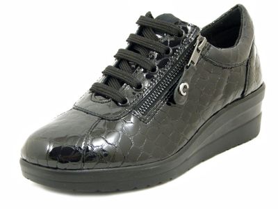 Sneakers Donna con cerniera in Pelle Lucida Nero, Zeppa Bassa 4 cm, Plantare Estraibile, CINZIA SOFT - 122448