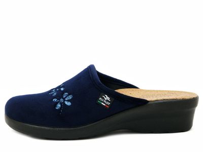 Pantofole Donna in Velluto Blu, Sottopiede Vera Pelle, Zeppa Bassa, Flyflot - L7Y09