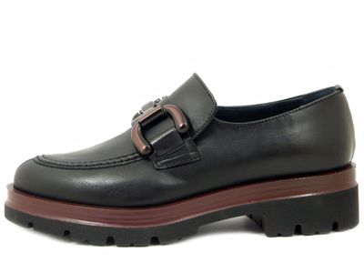 Mocassini Donna in Pelle Nero con Catena Bordeaux, Tacco Basso 4 cm, Osvaldo Pericoli - I4RZ40