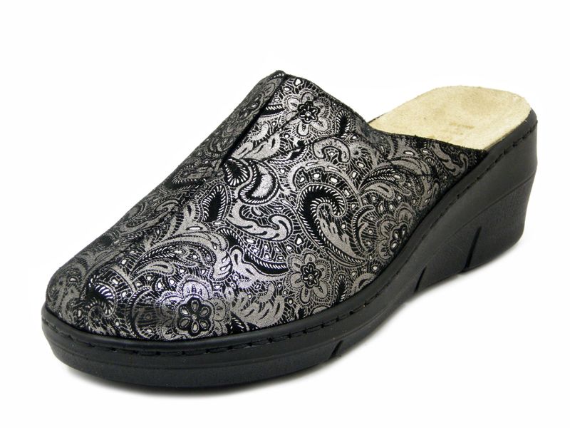 Pantofole Sabot Donna in Pelle Nero a Fiori Argento, Plantare Estraibile, Zeppa Media 5 cm, STILEDIVITA - 8355