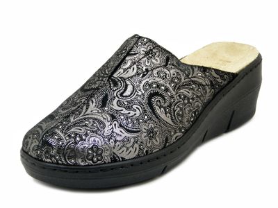 Pantofole Sabot Donna in Pelle Nero a Fiori Argento, Plantare Estraibile, Zeppa Media 5 cm, STILEDIVITA - 8355