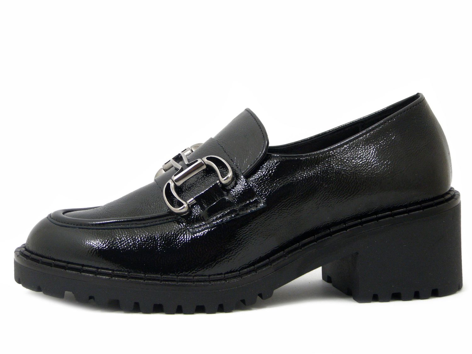 Mocassini Donna in Pelle Lucida Nero, Tacco Medio 5 cm con Plateau, Osvaldo Pericoli - 2380