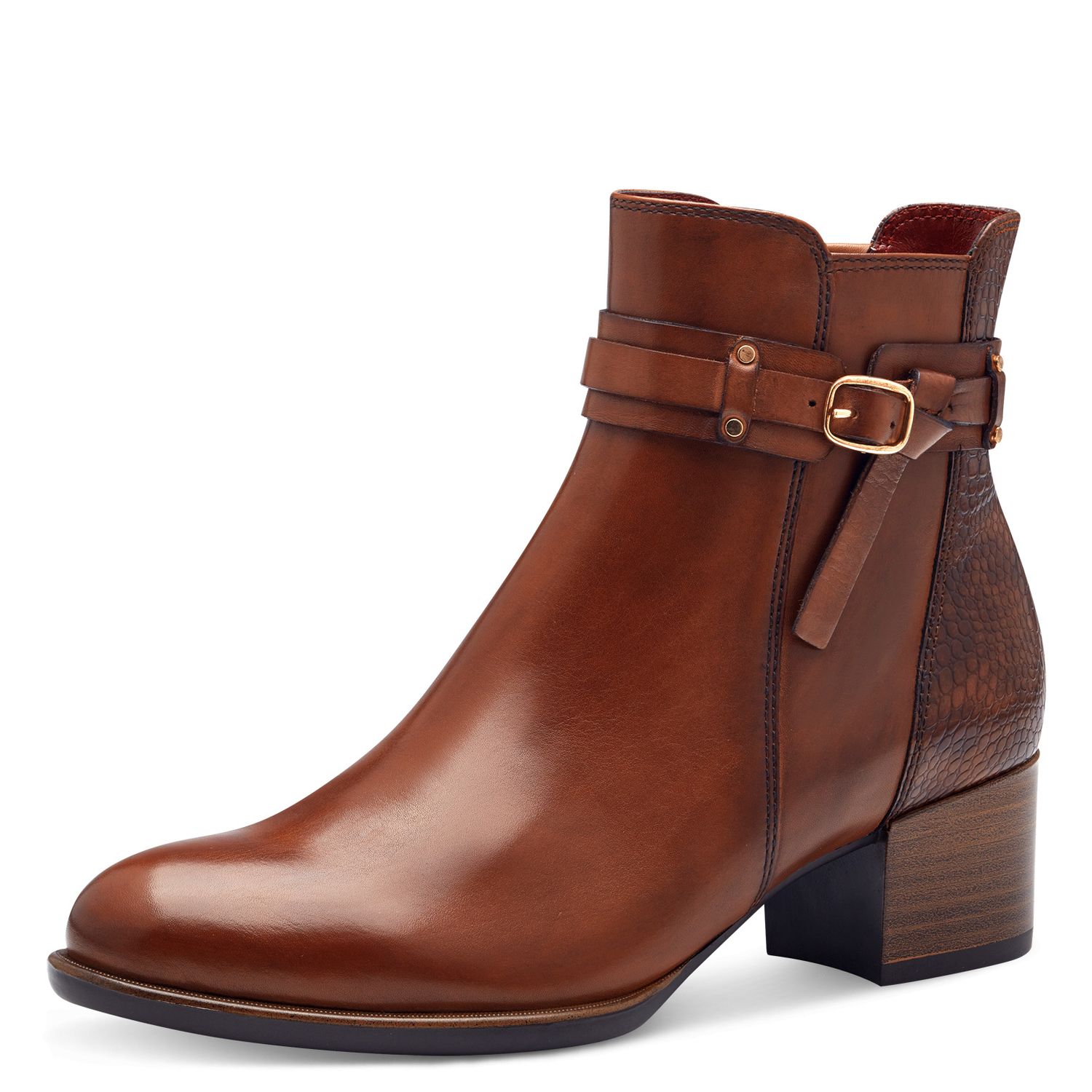 Stivaletti Tronchetti Donna in Pelle Marrone Cuoio, Tacco Medio Basso 5 cm, Tamaris - 25343