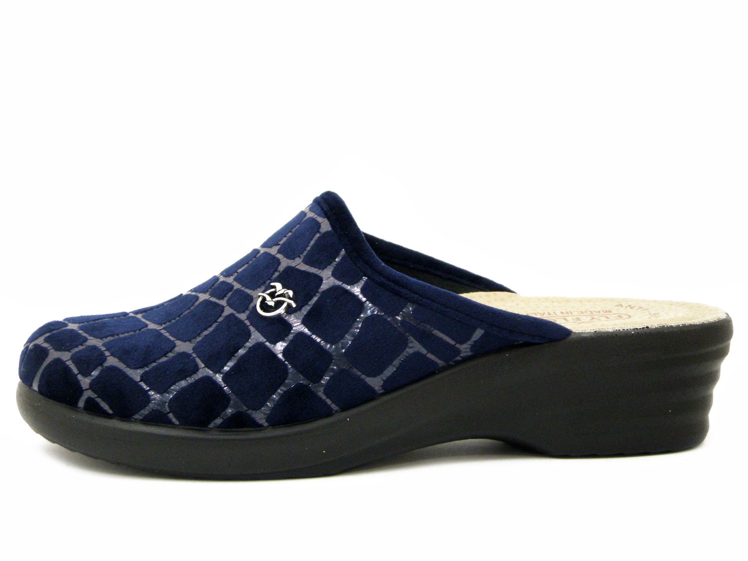 Pantofole Donna in Velluto Blu, Sottopiede Vera Pelle, Zeppa Bassa 4 cm, FlyFlot - L8X67