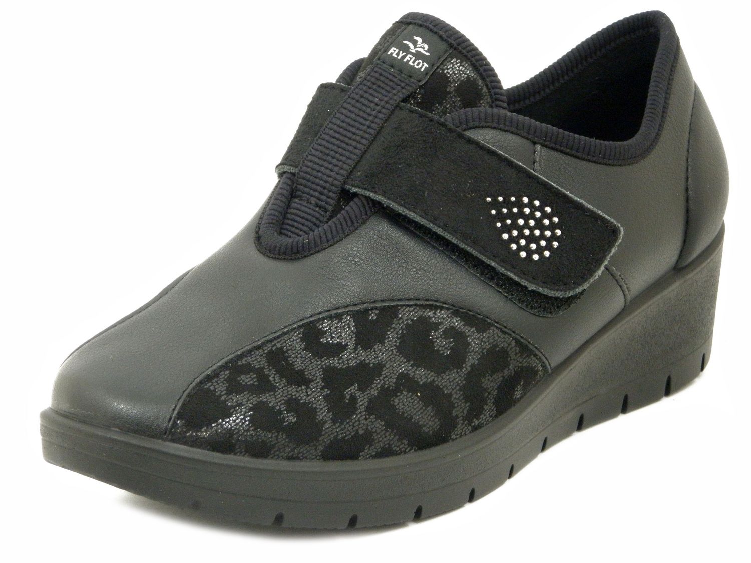 Scarpe Donna Elasticizzate in Tessuto ed Ecopelle Nero con Strap, Zeppa Bassa 4 cm, Plantare Memory Estraibile,  FlyFlot - 18T10