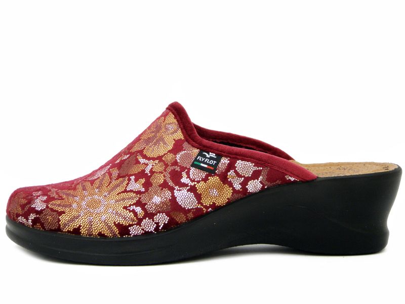 Pantofole Donna in Velluto Rosso a Fiori, Sottopiede Vera Pelle, Zeppa Media 5 cm, FlyFlot - 96W36