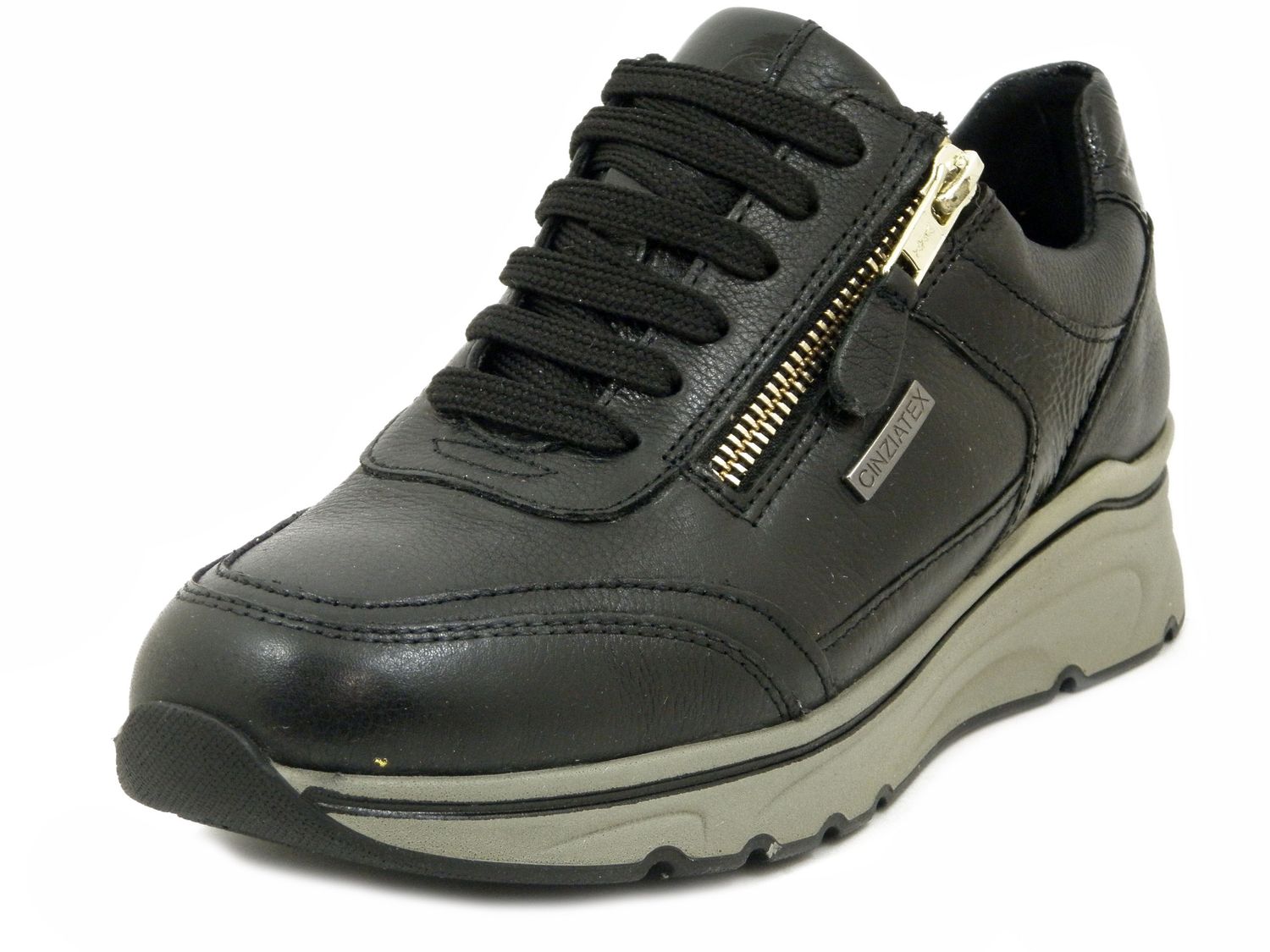 Sneakers Donna Waterproof in Pelle Nero, Zeppa Bassa 4 cm, Sottopiede Estraibile, CINZIA SOFT - 8722438