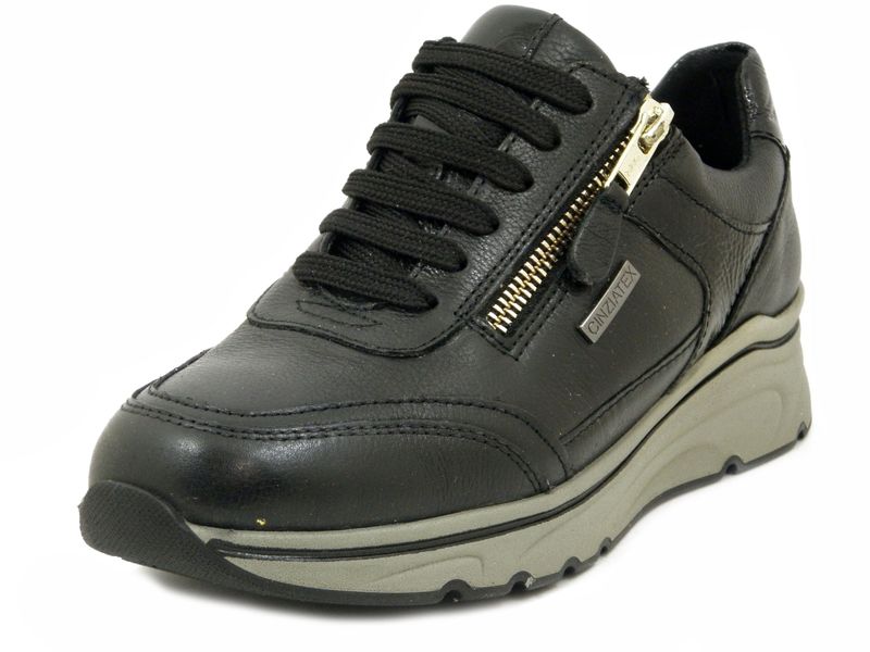 Sneakers Donna Waterproof in Pelle Nero, Zeppa Bassa 4 cm, Sottopiede Estraibile, CINZIA SOFT - 8722438