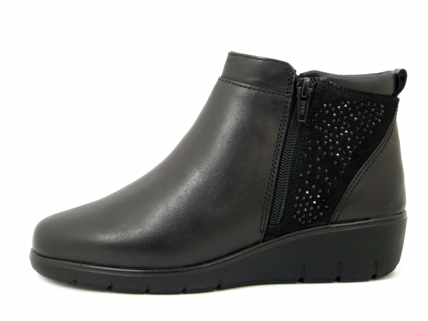 Stivaletti Donna in Pelle Nero con Strass, Zeppa Bassa 3 cm - LESLY504