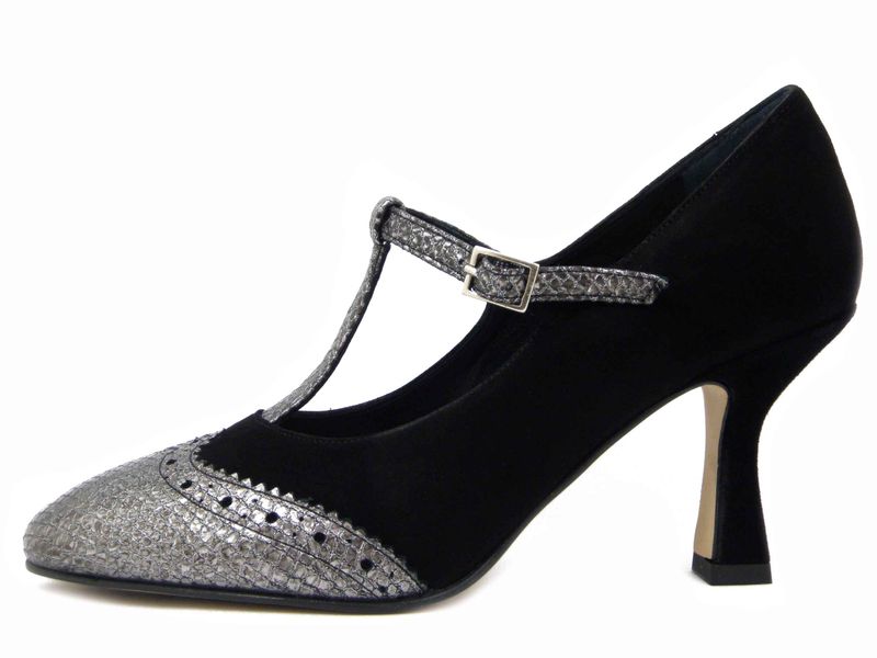 Decolleté Charleston in Pelle Camoscio Nero e Pelle Argento, Tacco Medio 7 cm, Osvaldo Pericoli - DS511