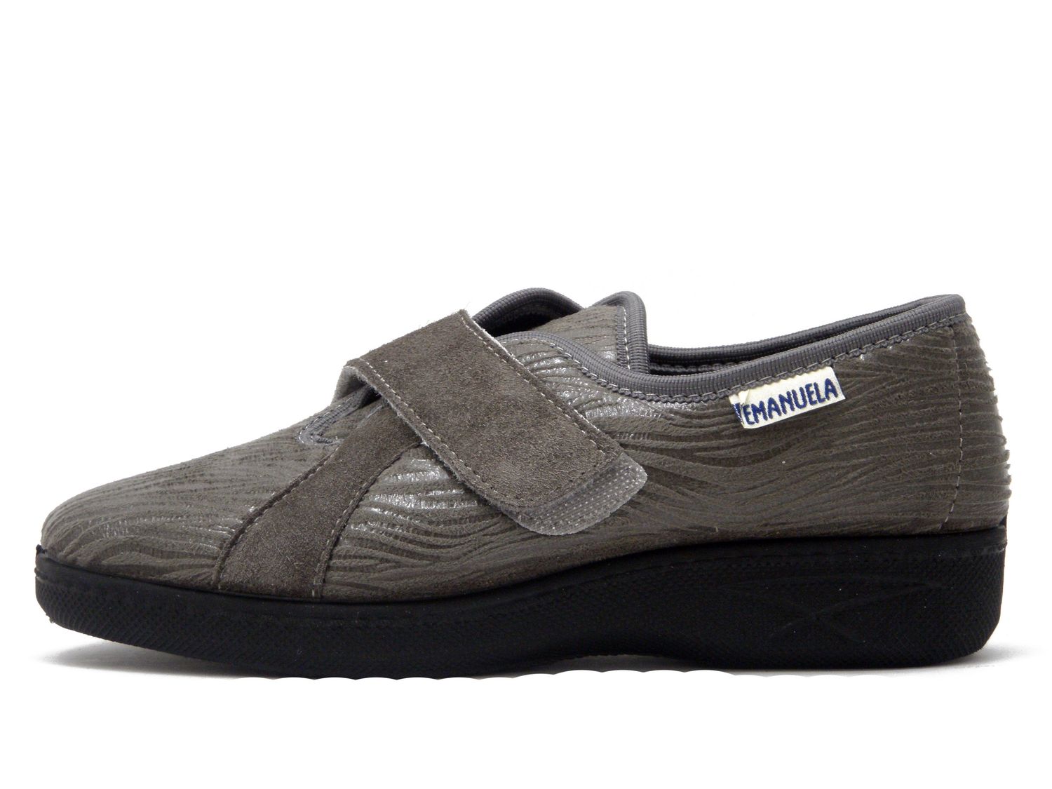 Scarpe Comfort Pantofole Chiuse Donna Invernali in Tessuto e Camoscio Grigio, Chiusura Strap, Emanuela - 2254