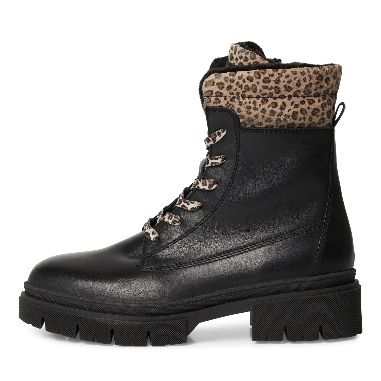 Stivaletti Anfibi Donna in Pelle Nero Animalier, Suola Antiscivolo, Tamaris - 25218