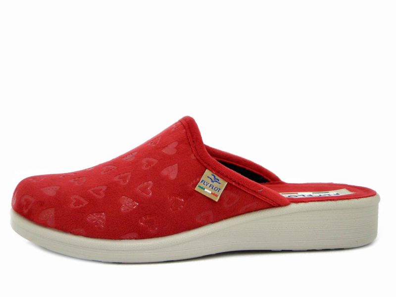 Ciabatte Pantofole Donna Invernali in Velluto Rosso a Cuori, Zeppa Bassa, FLYFLOT - 83W36