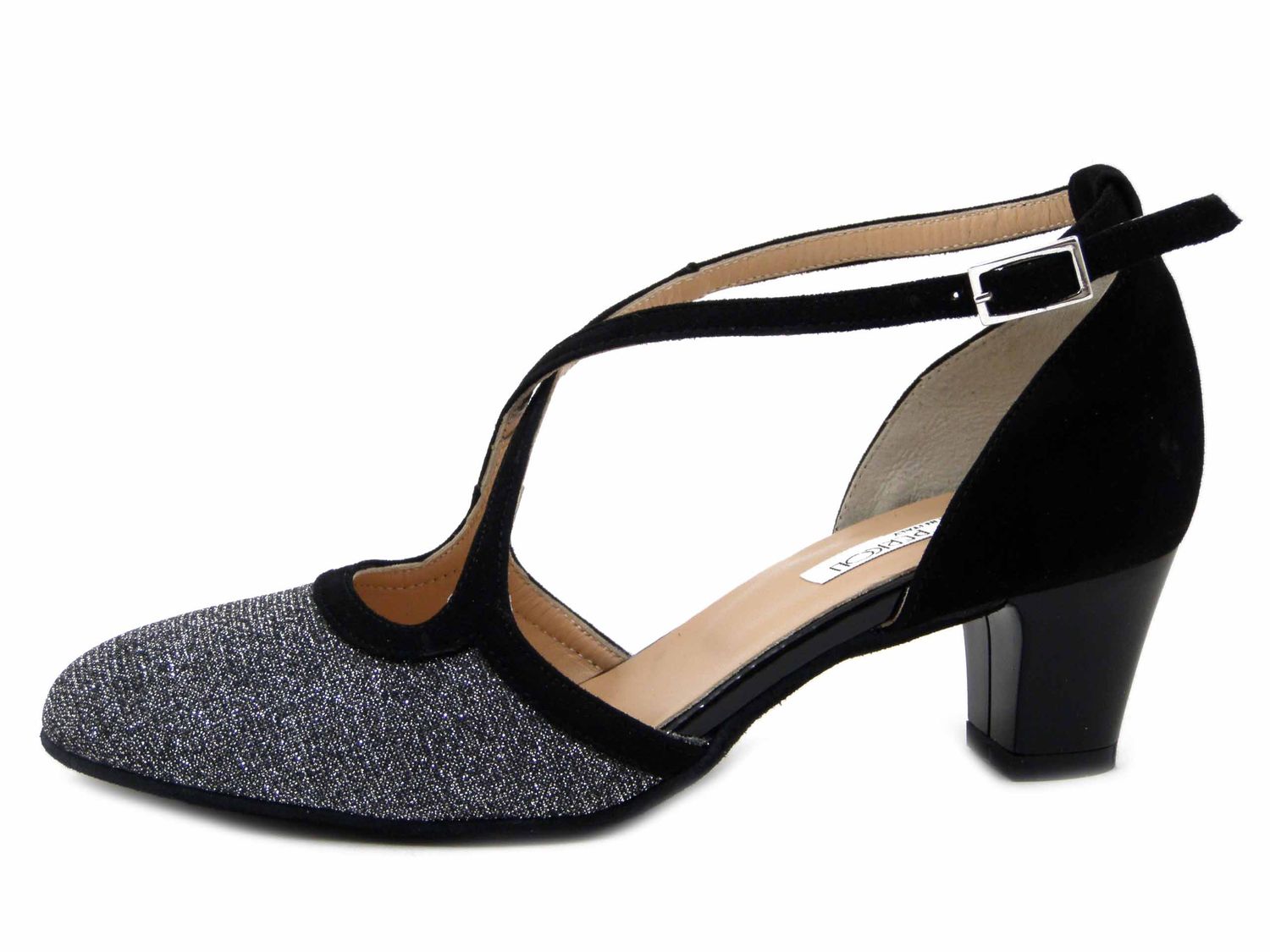Scarpe Donna da Ballo in Pelle Camoscio Nero e Glitter Argento, Tacco Medio Basso 5 cm,  Made in Italy - EB20124