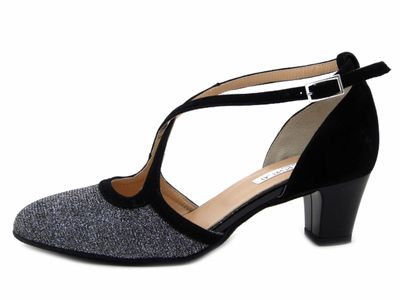 Scarpe Donna da Ballo in Pelle Camoscio Nero e Glitter Argento, Tacco Medio Basso 5 cm, Made in Italy - EB20124 Scarpe Donna da Ballo in Pelle Camoscio Nero e Glitter Argento, Tacco Medio Basso 5 cm, Made in Italy - EB20124