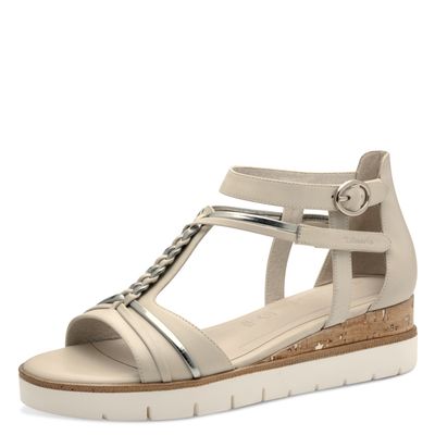 Sandali Donna in Pelle Beige Avorio e Argento, Zeppa Bassa 4 cm, Tamaris - 28256
