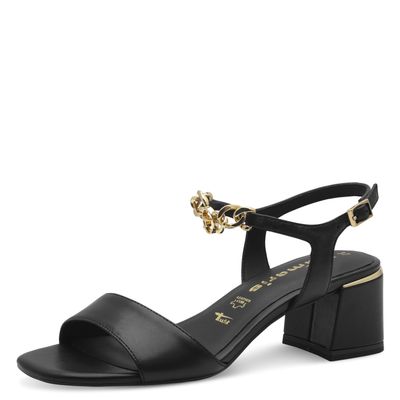 Sandali Donna in Pelle Nero con Catena Oro, Tacco Medio 5 cm, Tamaris - 28245