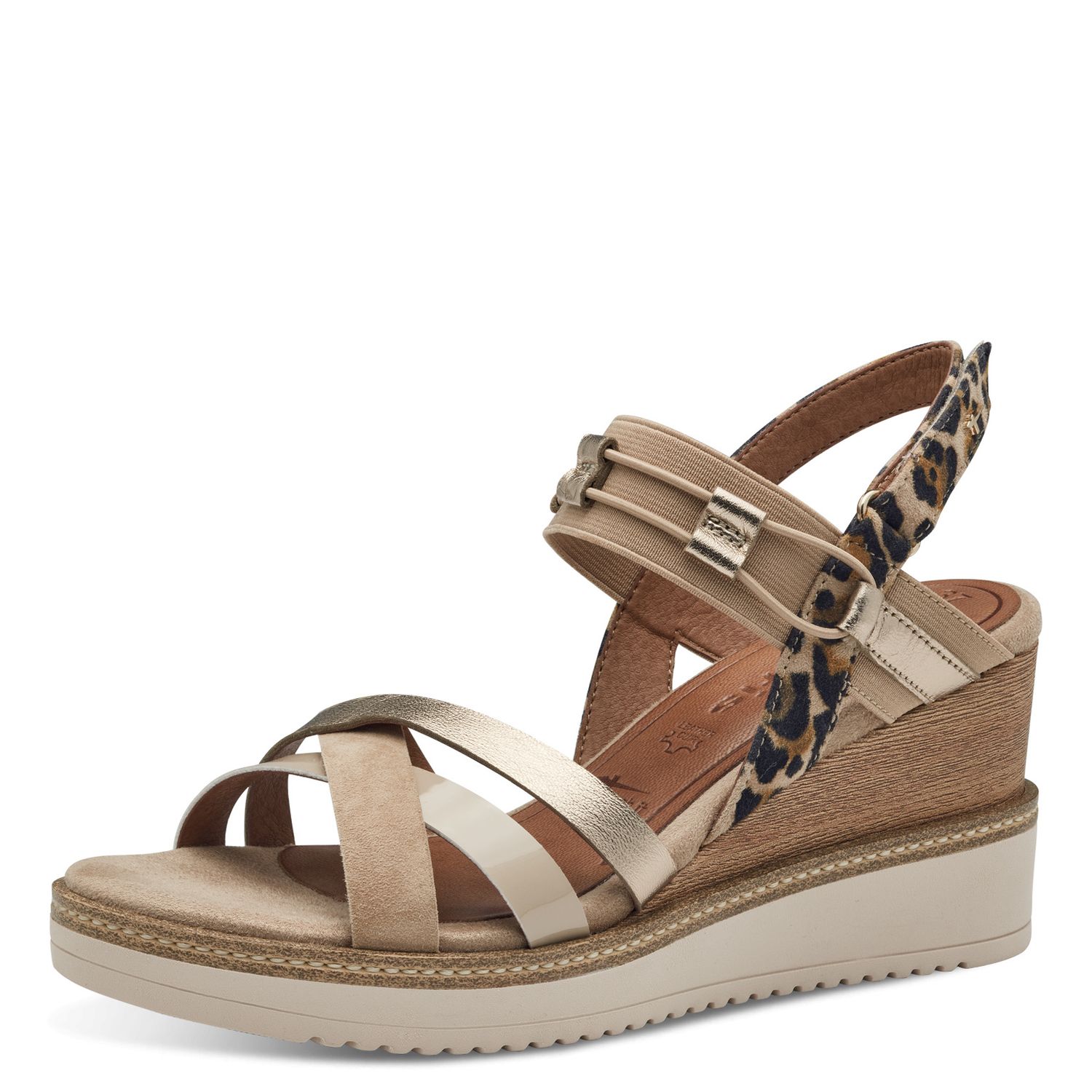 Sandali Donna in Pelle Beige e Animalier, Zeppa Media 7 cm, Tamaris - 28357