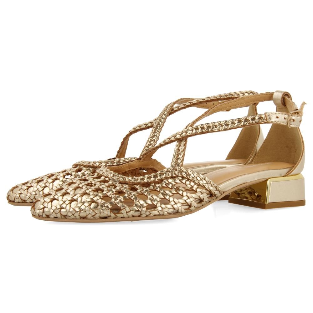 Scarpe Donna Decolleté Aperte in Pelle Intrecciata Oro, Tacco Basso 3 cm, GIOSEPPO - 75660