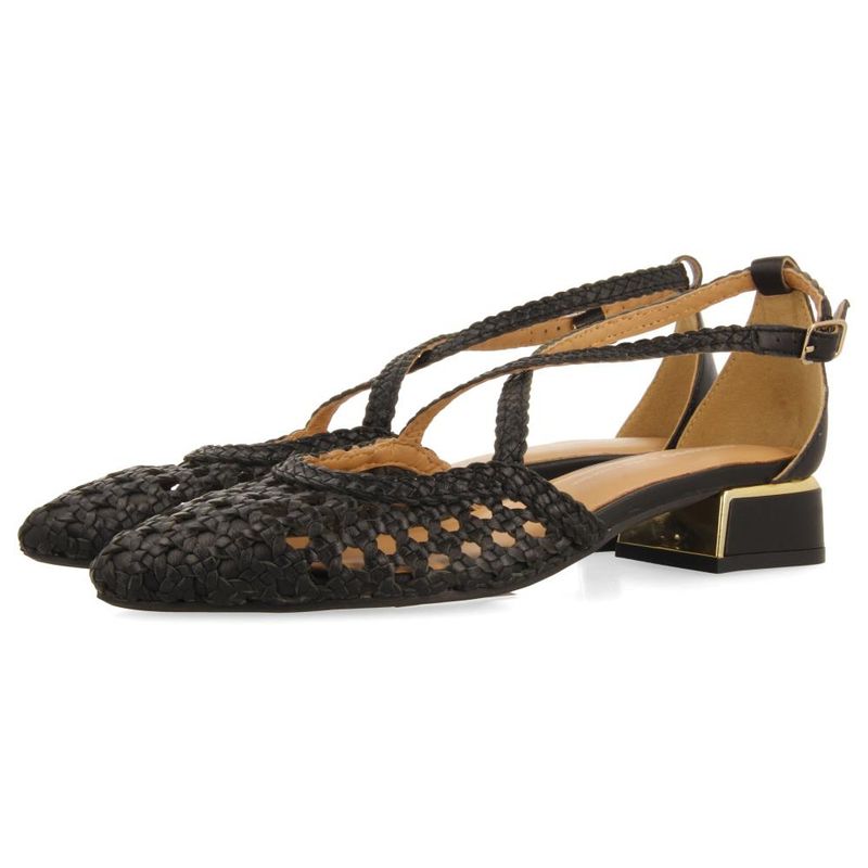 Scarpe Donna Decolleté Aperte in Pelle Intrecciata Nero, Tacco Basso 3 cm, GIOSEPPO - 75660