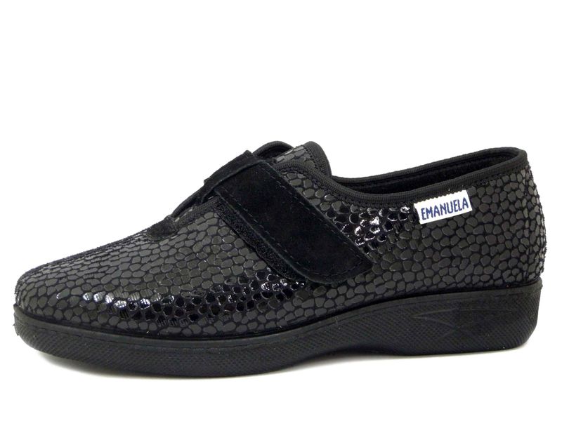 Scarpe Comfort Pantofole Chiuse Donna Invernali in Tessuto Lucido Nero, Chiusura Strap, Emanuela - 225224