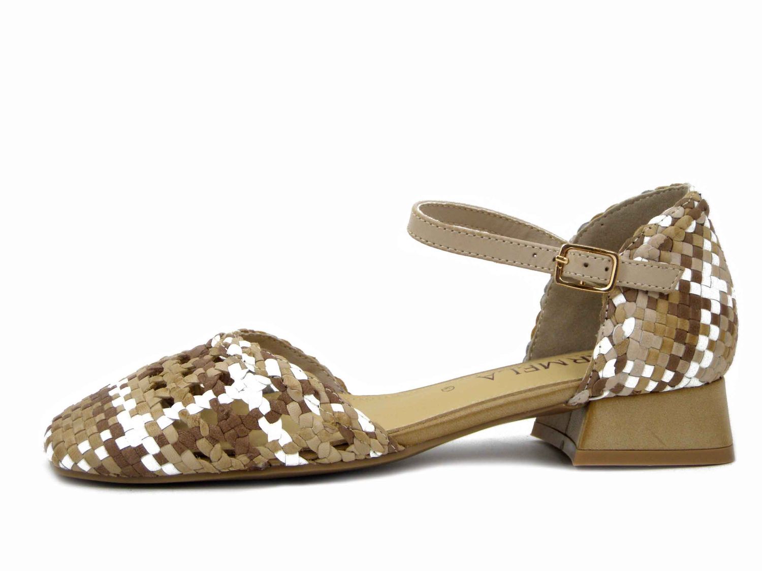 Ballerine Decolleté Aperte con Cinturino in Pelle intrecciata Bianco e Beige, Tacco Basso, CARMELA - 162187