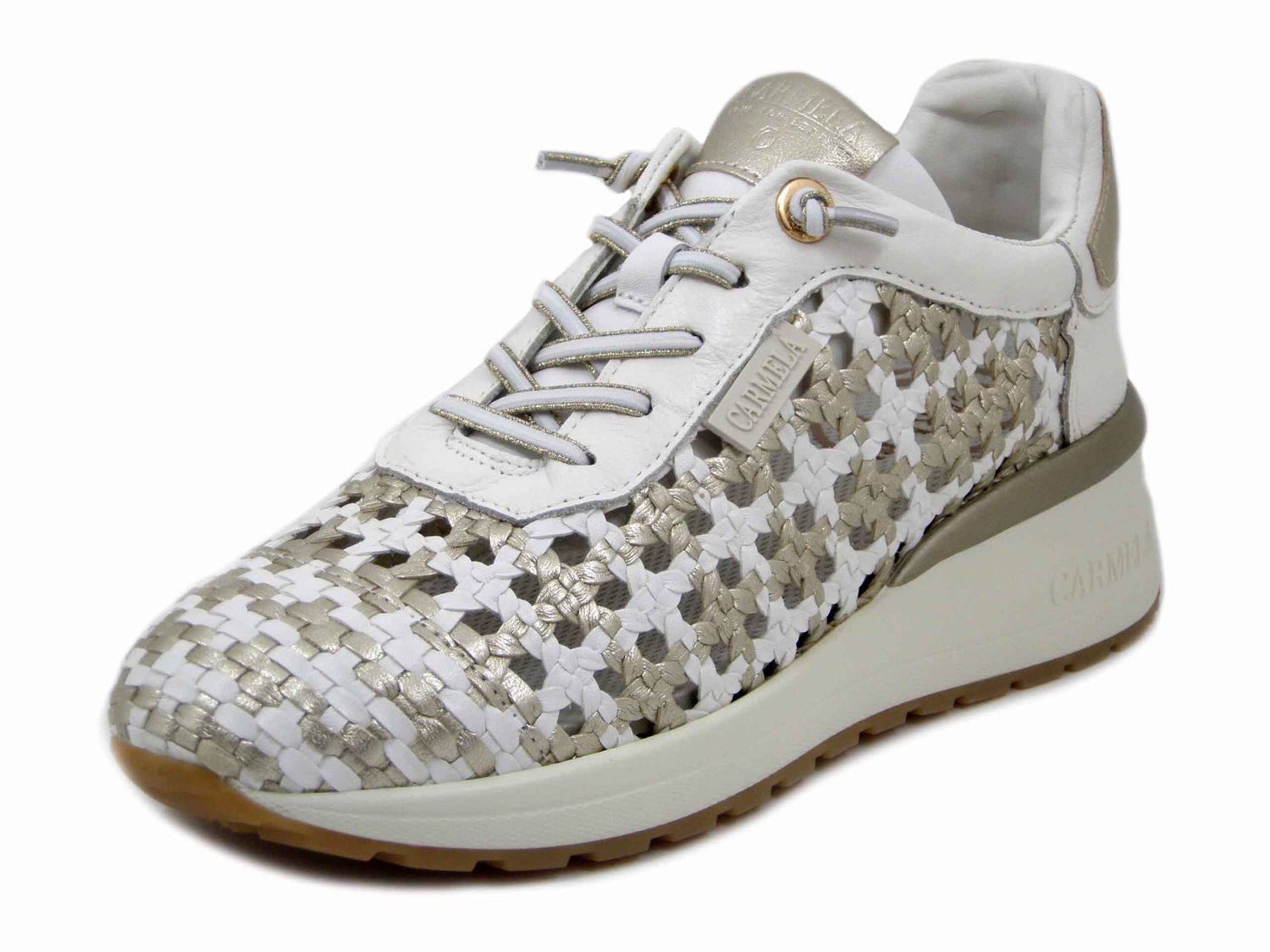 Sneakers Donna in Pelle Intrecciata Bianco e Oro, Plantare Memory Estraibile, CARMELA - 162287