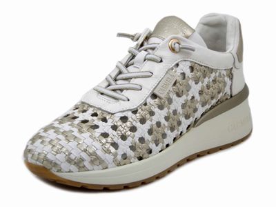 Sneakers Donna in Pelle Intrecciata Bianco e Oro, Plantare Memory Estraibile, CARMELA - 162287 Sneakers Donna in Pelle Intrecciata Bianco e Oro, Plantare Memory Estraibile, CARMELA - 162287