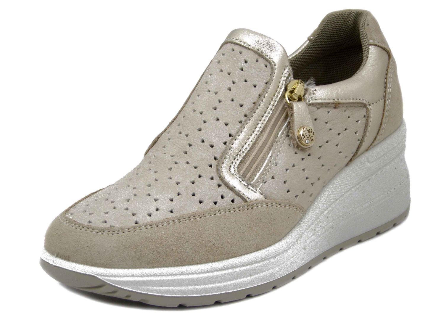 Sneakers Donna in Pelle Beige e Oro con cerniera, Zeppa Media 5 cm, Sottopiede Estraibile, IMAC - 755860