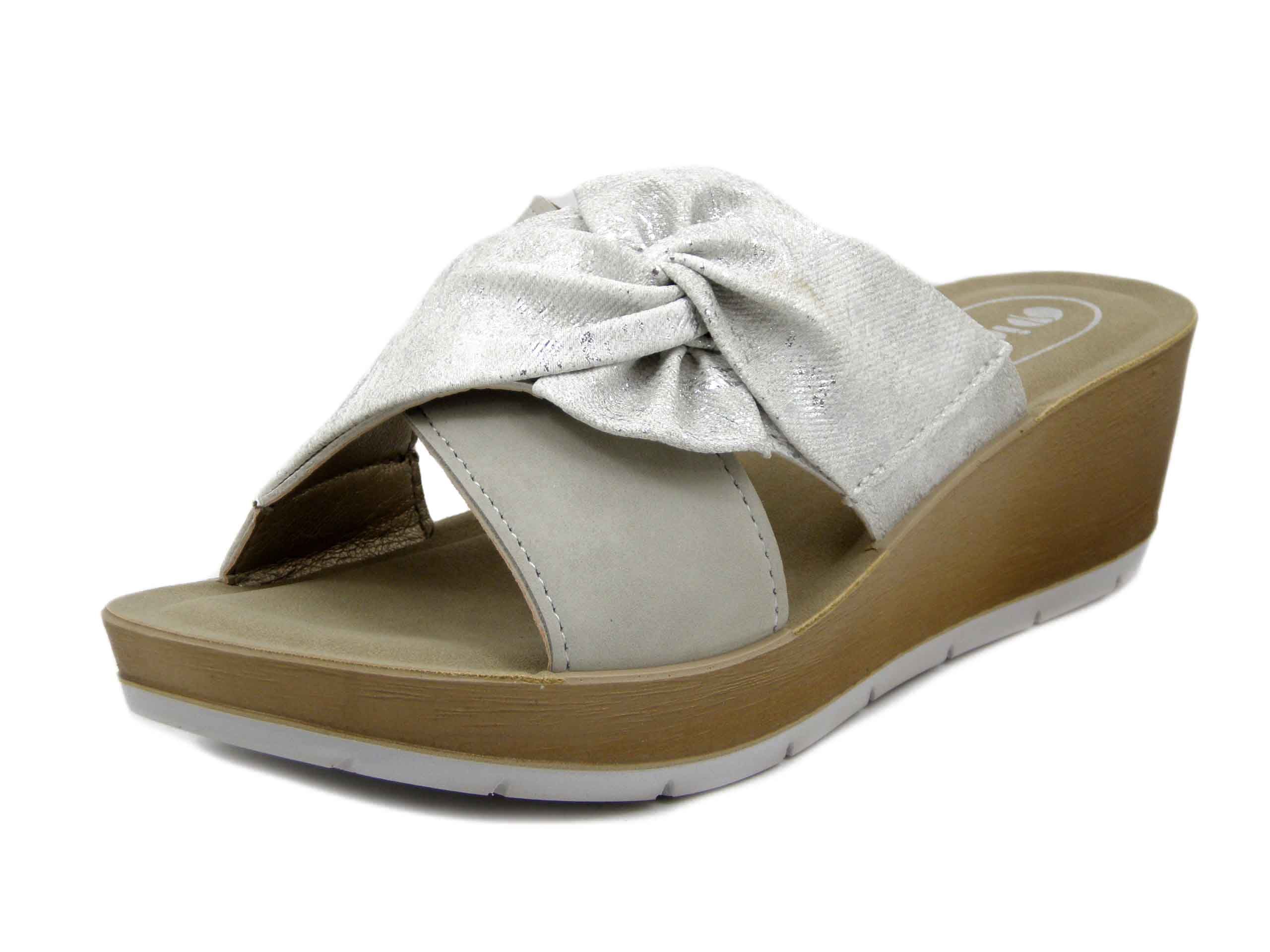 Ciabatte Donna in Eco Pelle Bianco con Fiocco, Zeppa Media 5 cm, INBLU - RN25