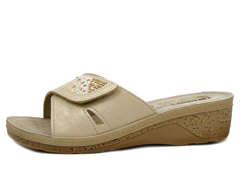 Ciabatte Donna in Eco Pelle Beige con Strap, Sottopiede Soft Vera Pelle, Zeppa Bassa 4 cm,  INBLU - PV08