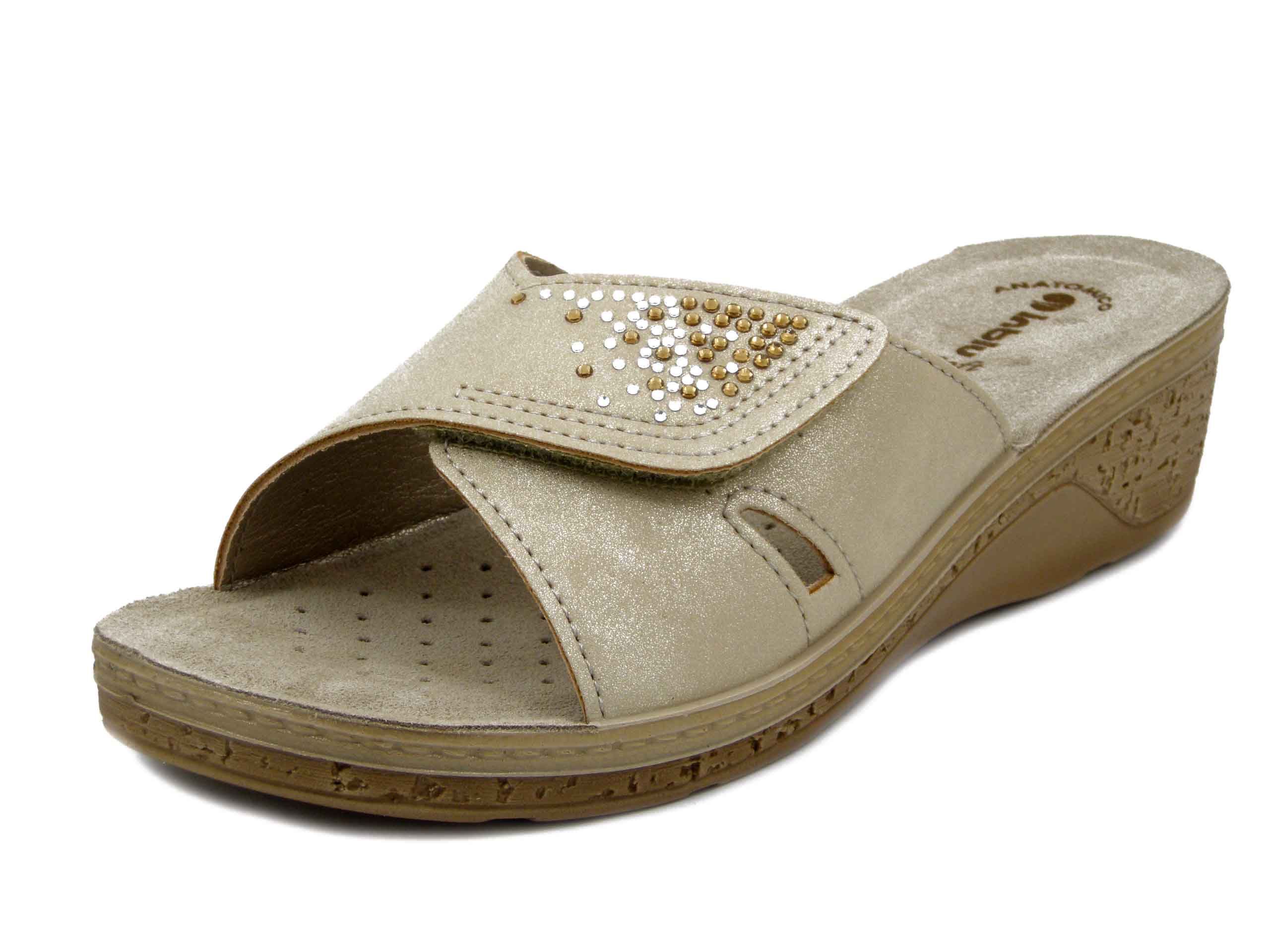 Ciabatte Donna in Eco Pelle Beige con Strap, Sottopiede Soft Vera Pelle, Zeppa Bassa 4 cm,  INBLU - PV08