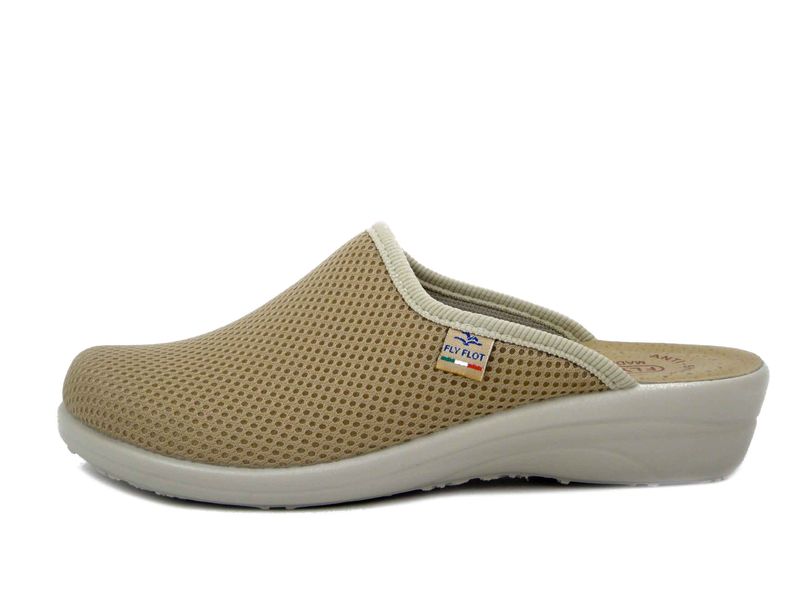 Ciabatte Pantofole Donna Leggere in Tessuto Beige, Zeppa Bassa, Sottopiede in Vera Pelle - FLYFLOT