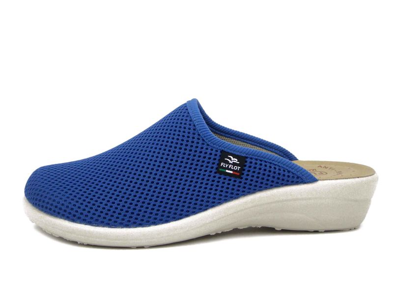 Ciabatte Pantofole Donna Leggere in Tessuto Celeste, Zeppa Bassa, Sottopiede in Vera Pelle - FLYFLOT