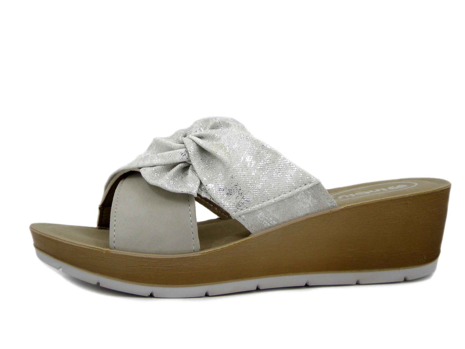Ciabatte Donna in Eco Pelle Bianco con Fiocco, Zeppa Media 5 cm, INBLU - RN25