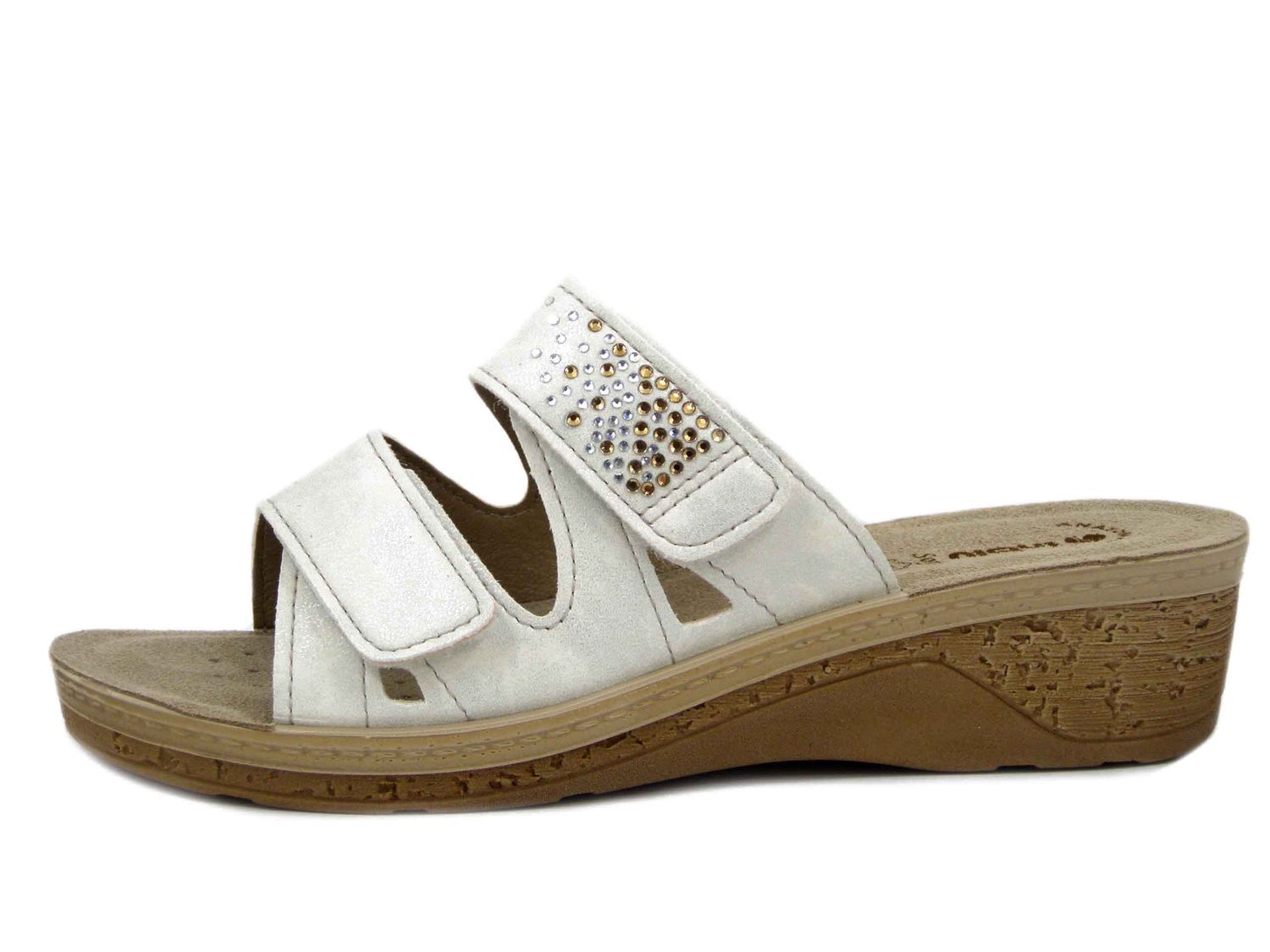 Ciabatte Donna in Eco Pelle Bianco con Doppio Strap, Sottopiede Soft Vera Pelle, Zeppa Bassa 4 cm,  INBLU - PV09