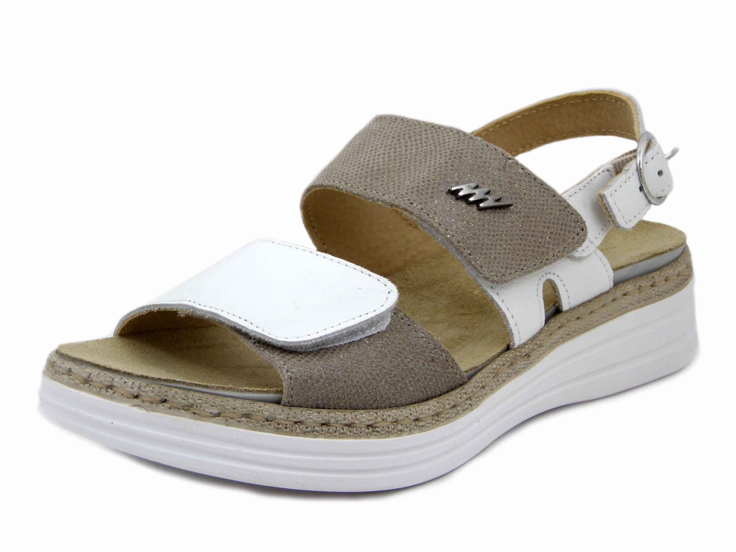 Sandali Donna Linea Ortopedica in Pelle Bianco e Beige, Doppio Strap, Plantare Estraibile, STILEDIVITA - 8665