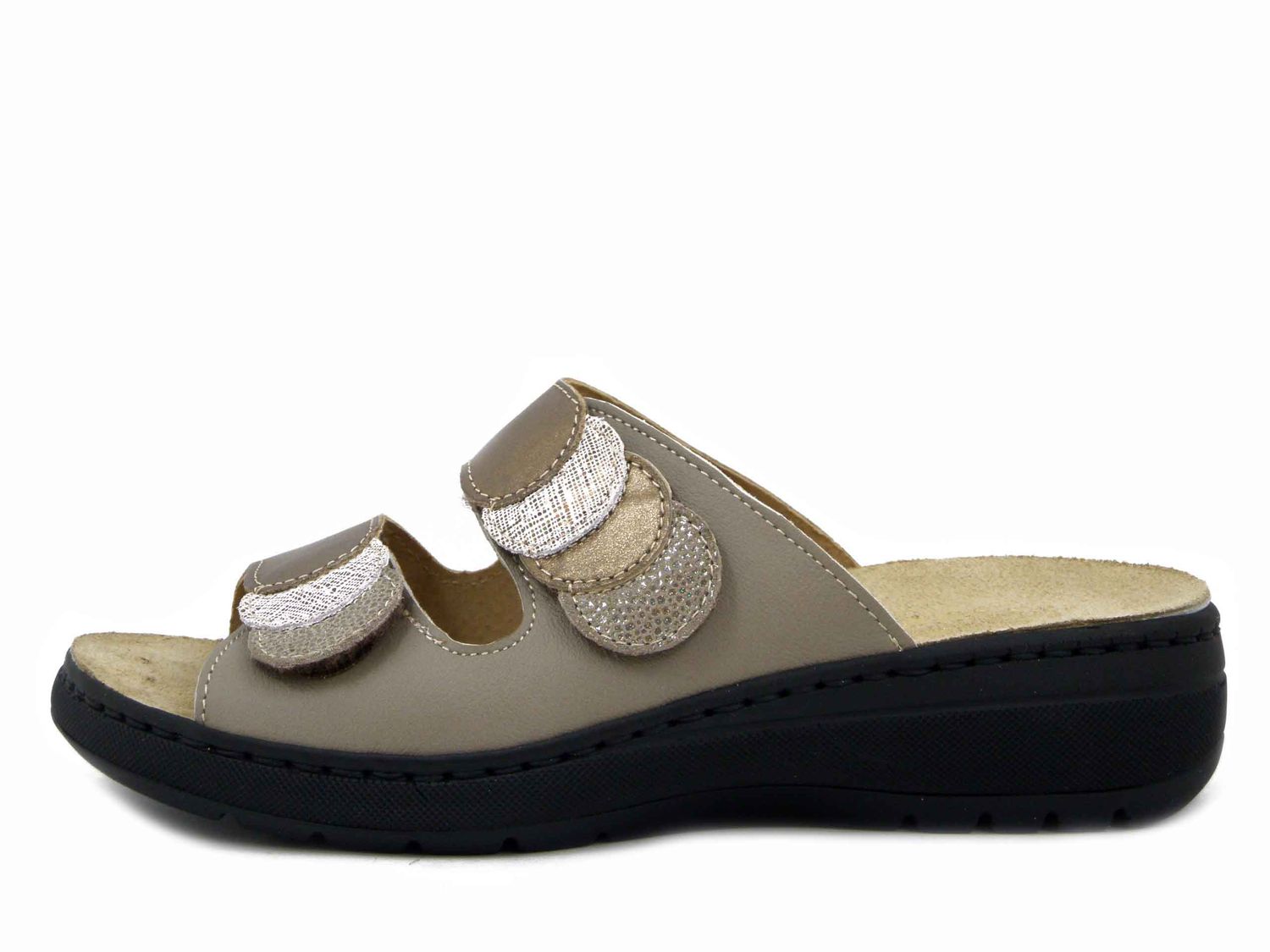 Ciabatte Donna Linea Ortopedica in Pelle Beige e Bronzo, Doppio Strap, Plantare Estraibile, STILEDIVITA - 6362
