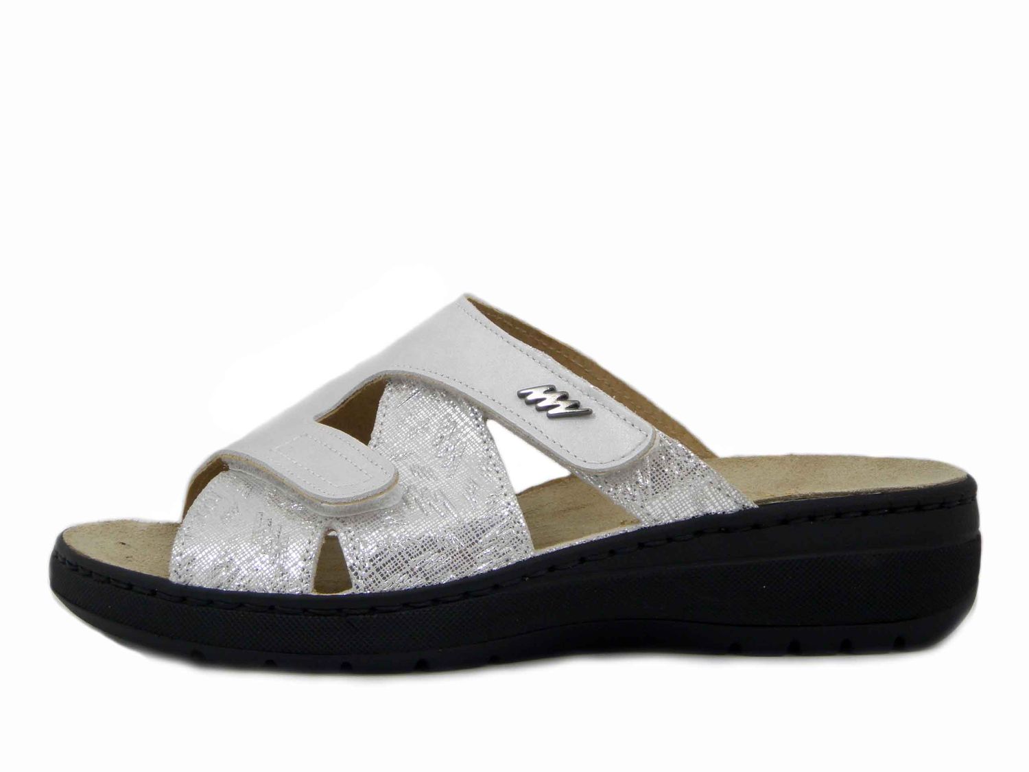 Ciabatte Donna Linea Ortopedica in Pelle Bianco e Argento, Doppio Strap, Plantare Estraibile, STILEDIVITA - 8194
