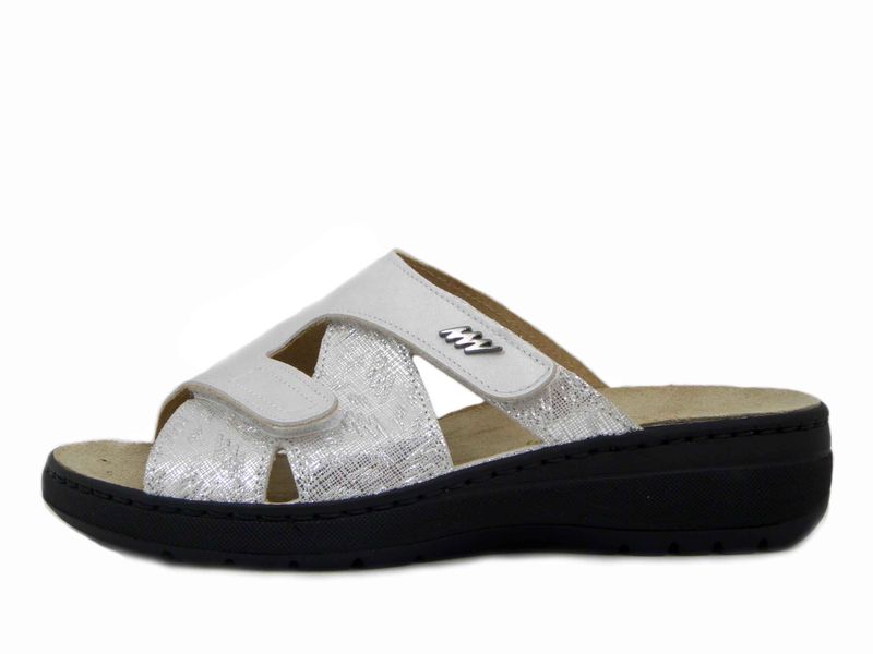 Ciabatte Donna Linea Ortopedica in Pelle Bianco e Argento, Doppio Strap, Plantare Estraibile, STILEDIVITA - 8194
