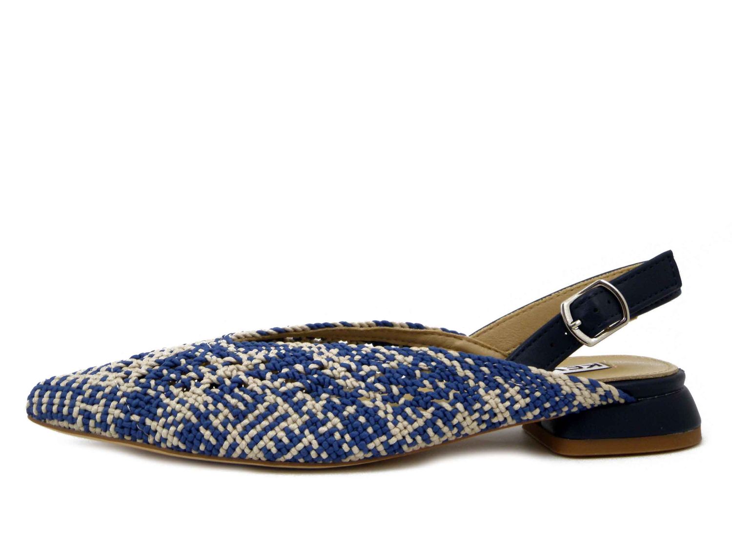 Ballerine Sling Back in Tessuto intrecciato Beige e Blu, Tacco Basso 2 cm, KEYS - K10660