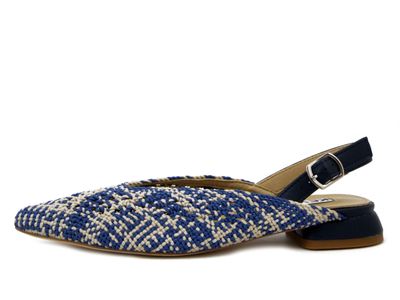 Ballerine Sling Back in Tessuto intrecciato Beige e Blu, Tacco Basso 2 cm, KEYS - K10660