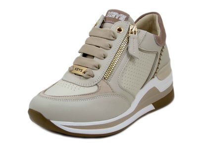 Sneakers Donna in Pelle Beige, Zeppa Media 6 cm, Plantare Estraibile, KEYS - K10513